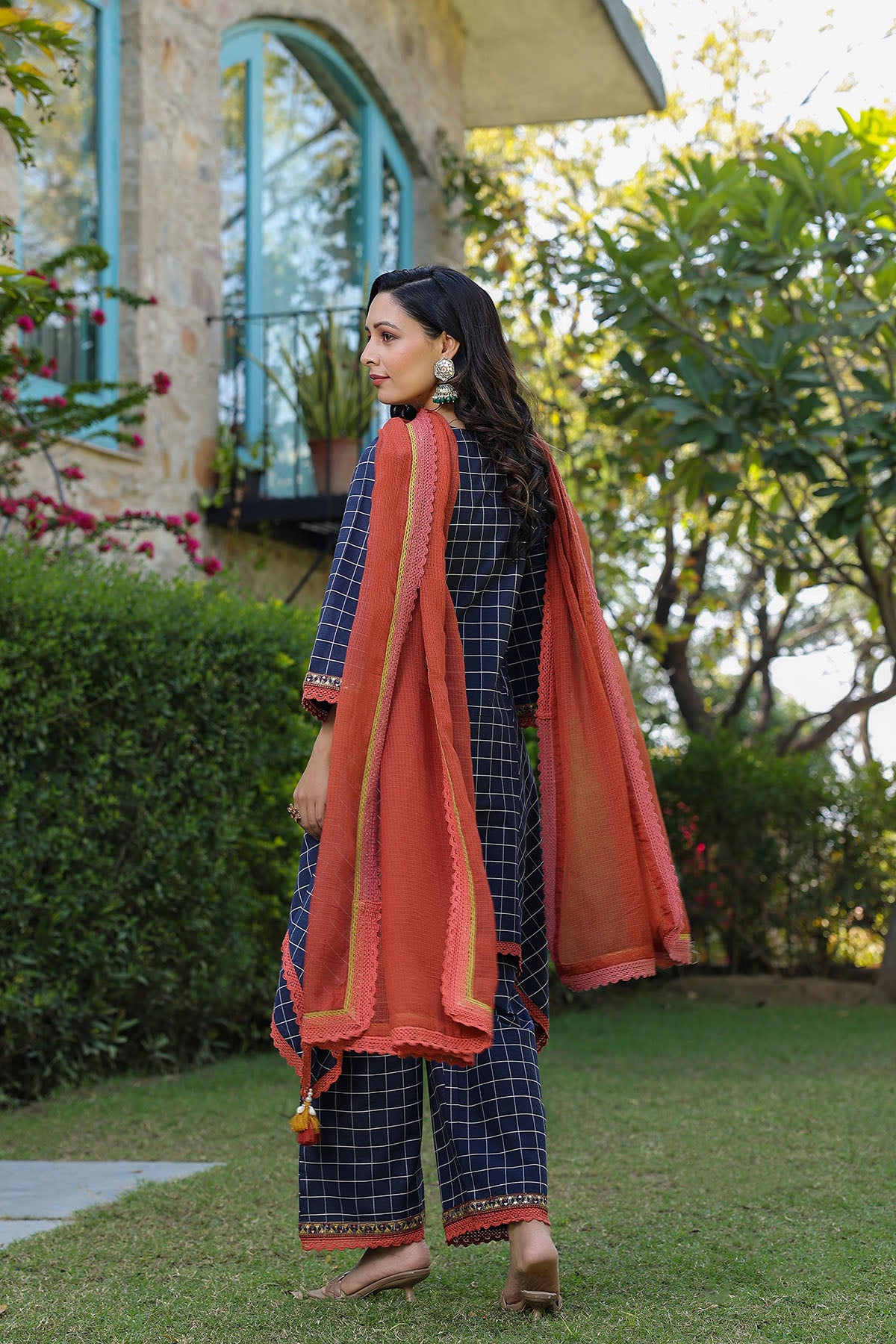 Blue Cotton Embroidered A Line Suit Set