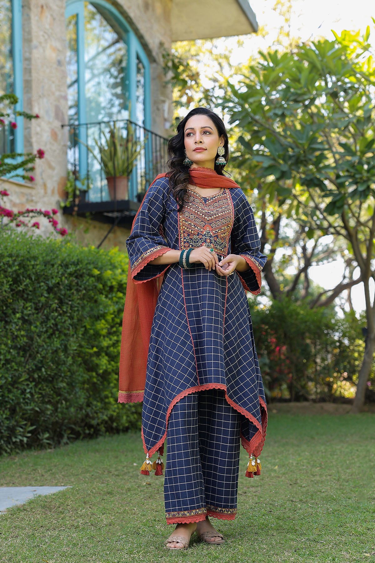 Blue Cotton Embroidered A Line Suit Set