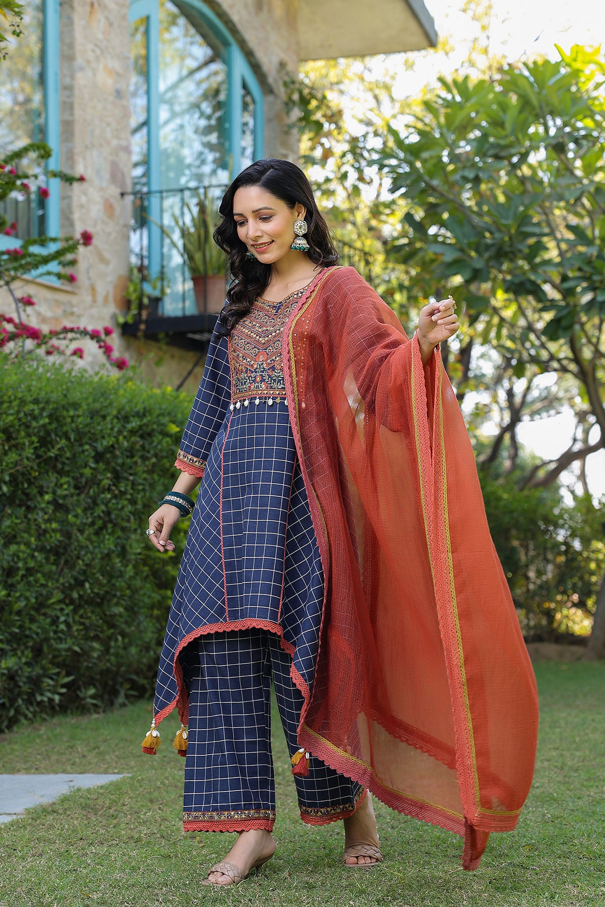 Blue Cotton Embroidered A Line Suit Set