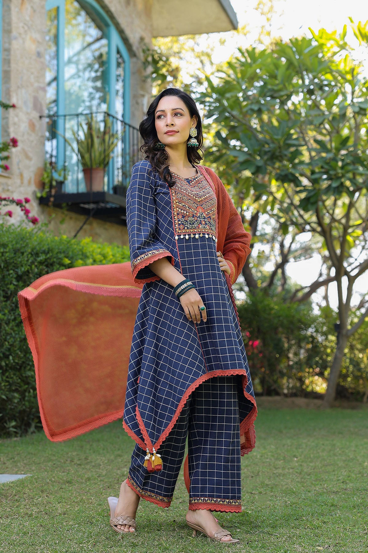 Blue Cotton Embroidered A Line Suit Set