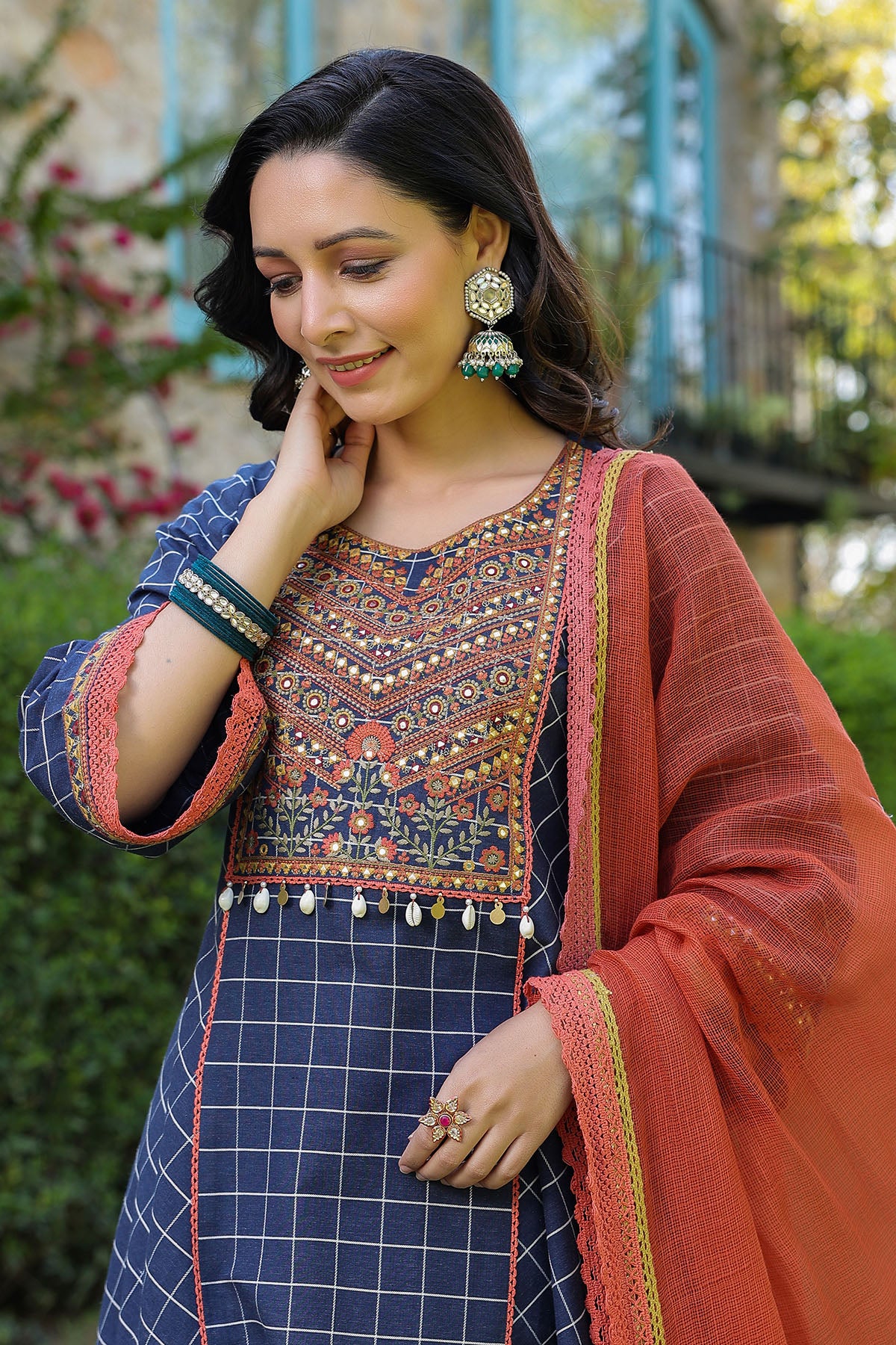 Blue Cotton Embroidered A Line Suit Set