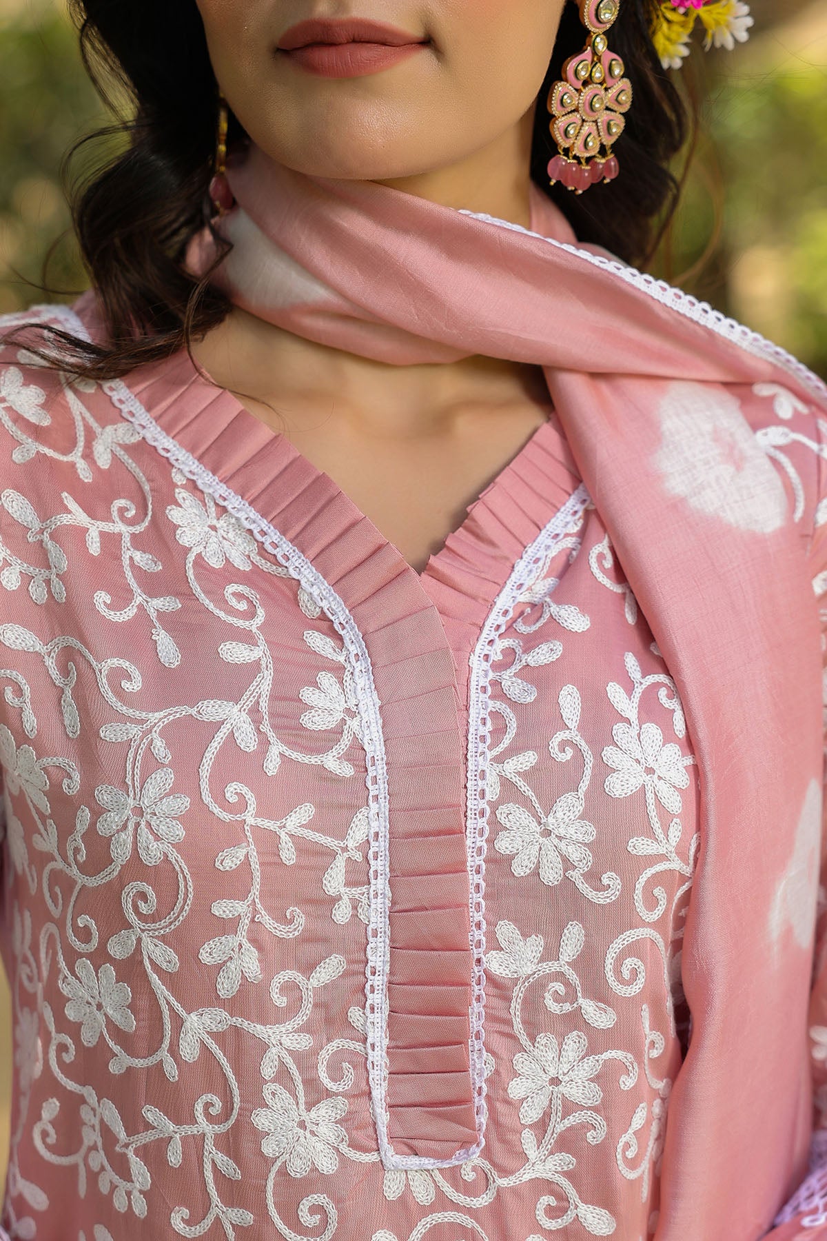 Pink Chanderi Embroidered Straight-Cut Suit