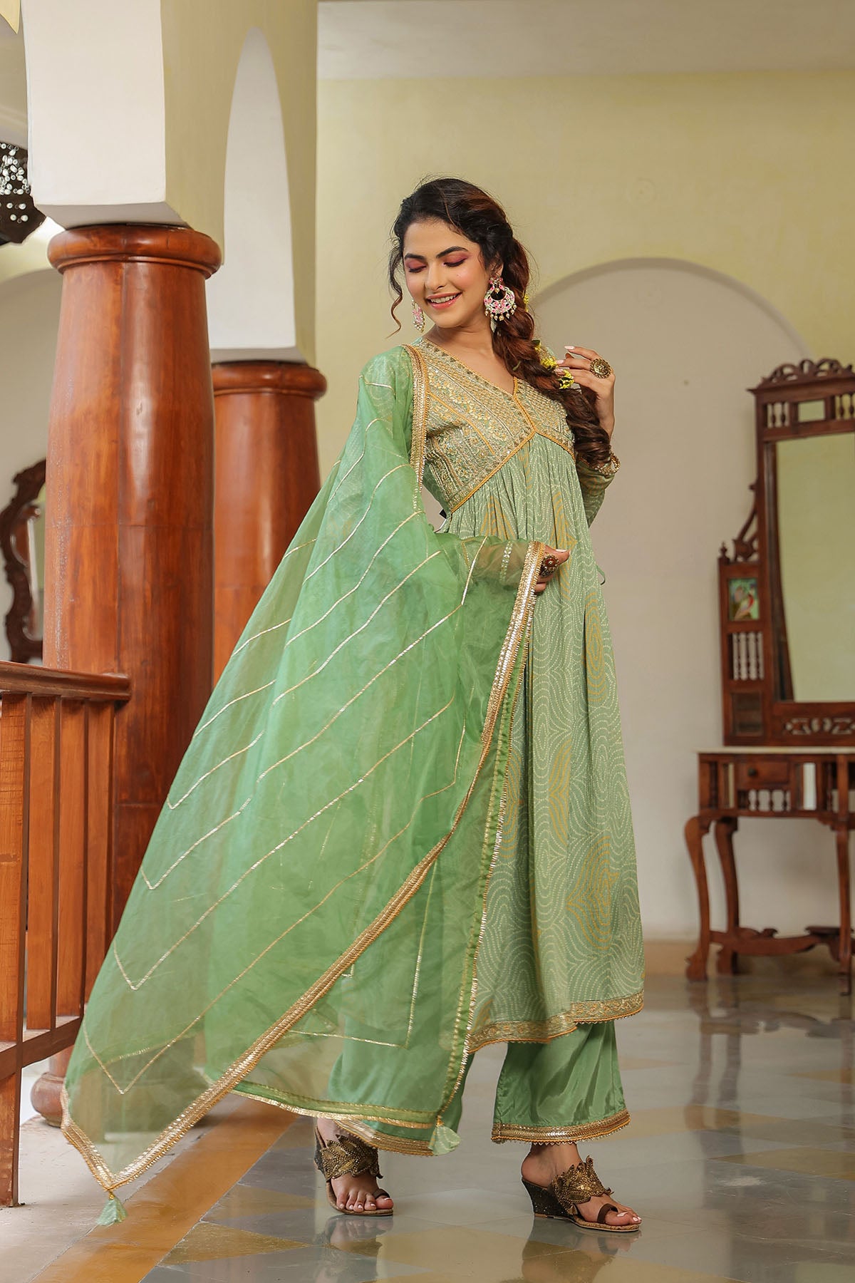 Green Georgette Embroidered Suit
