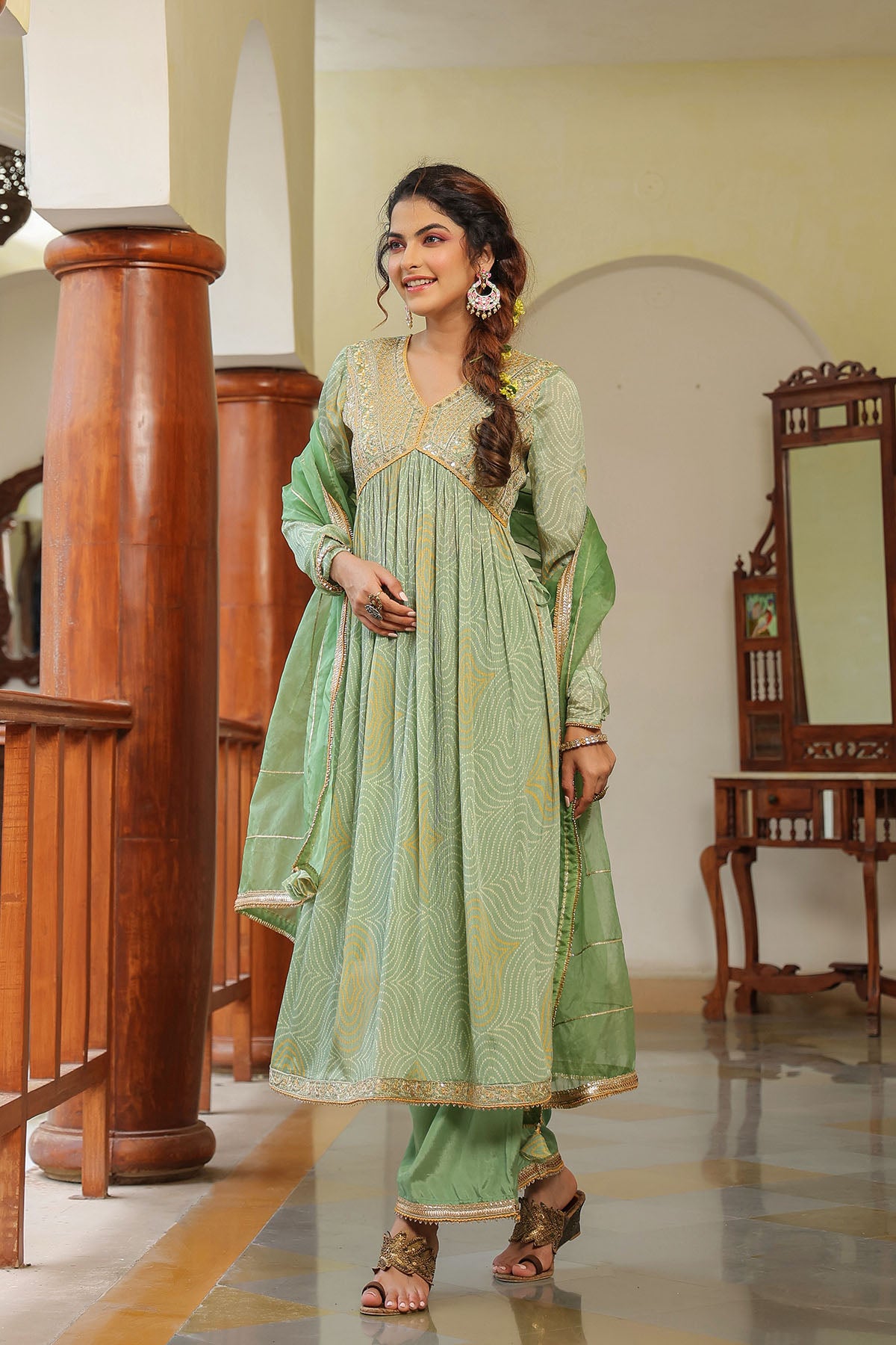 Green Georgette Embroidered Suit