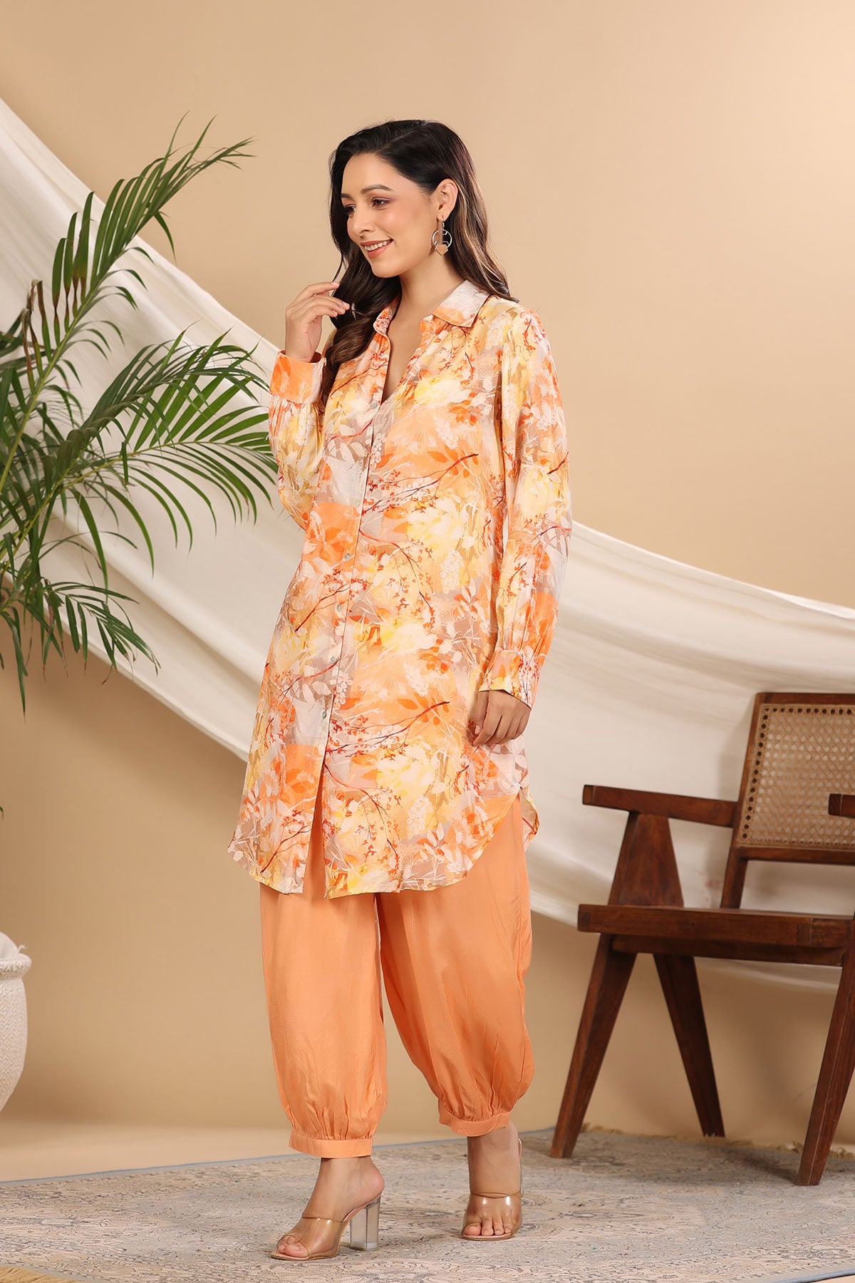 Orange Floral Muslin Printed Co-ord Set