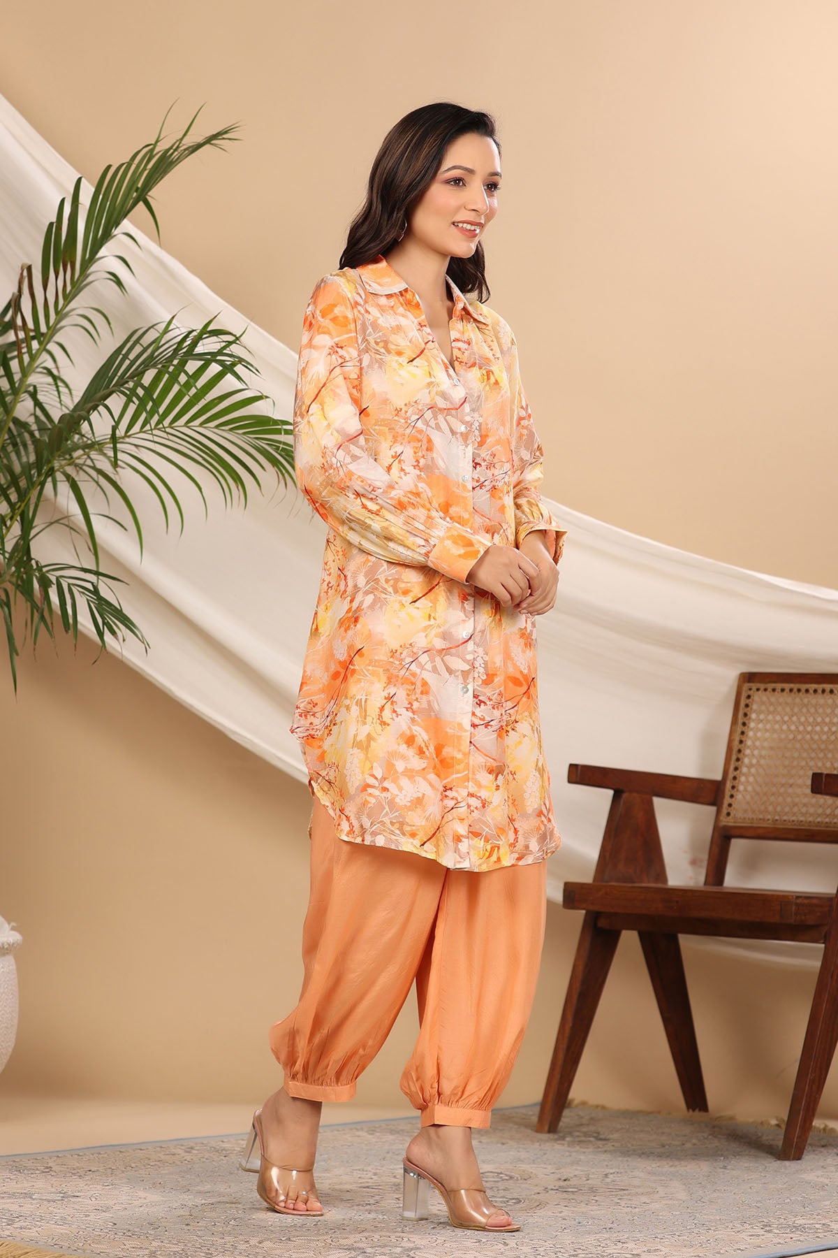 Orange Floral Muslin Printed Co-ord Set