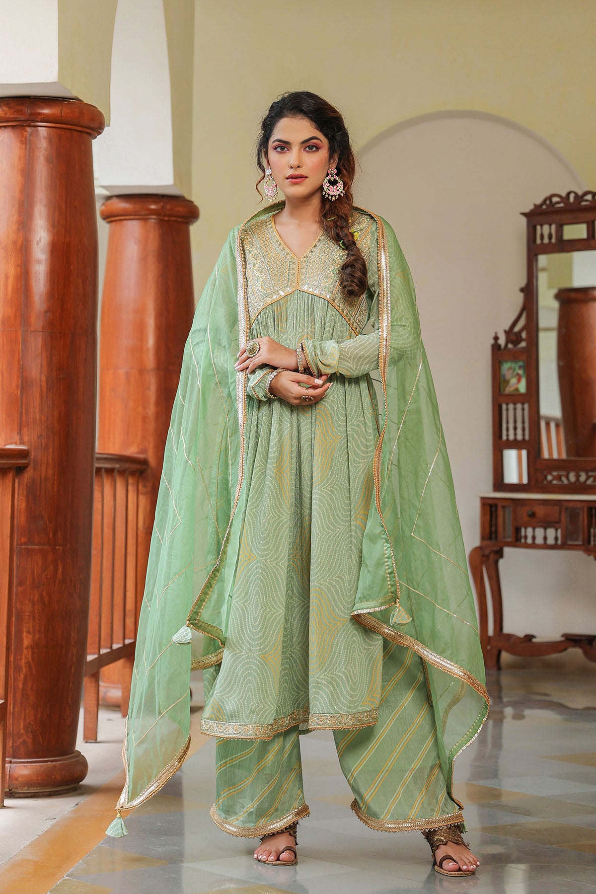Green Georgette Embroidered Suit