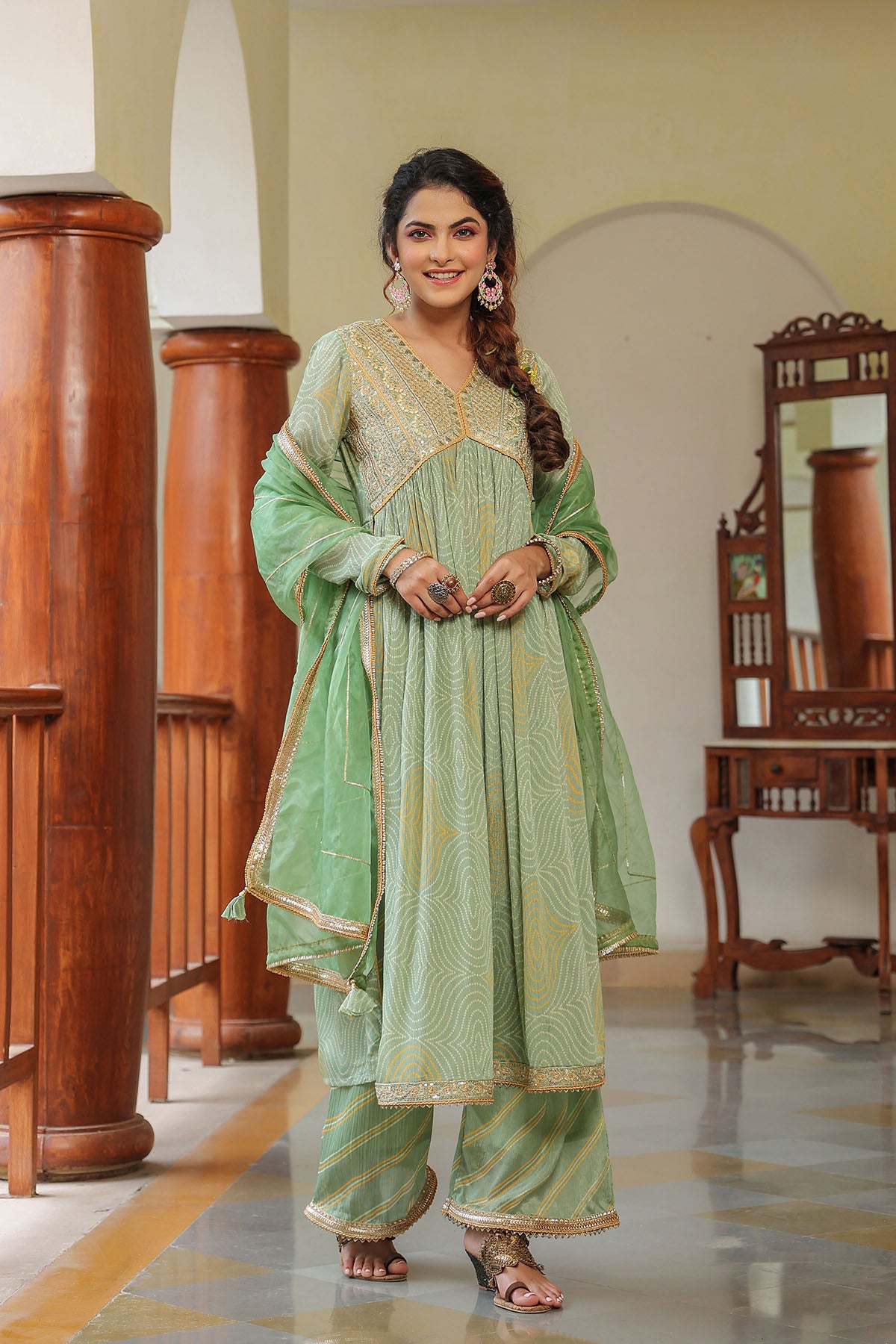 Green Georgette Embroidered Suit