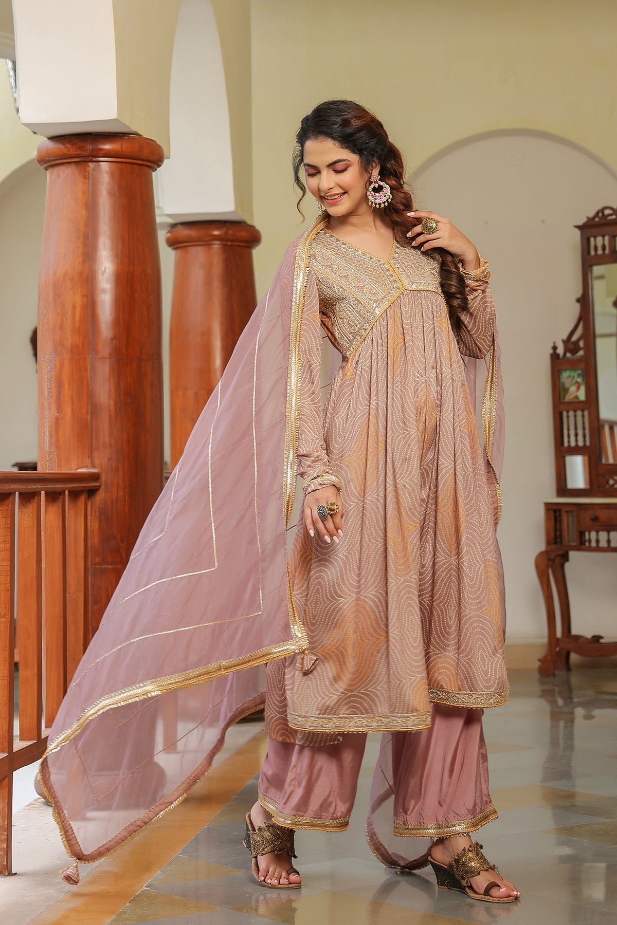 Brown Georgette Embroidered Suit