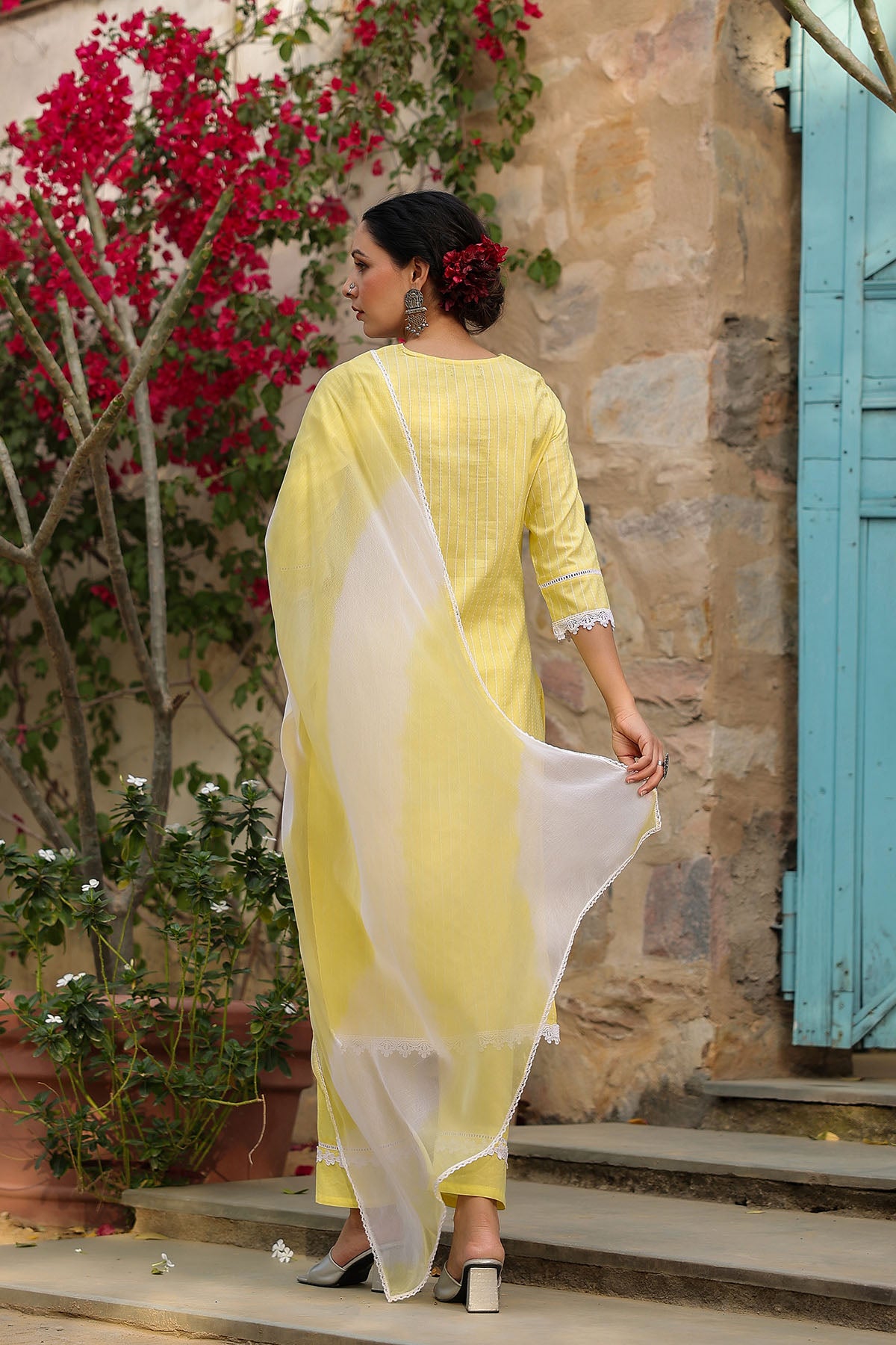 Yellow Cotton Handwork Straight Suit