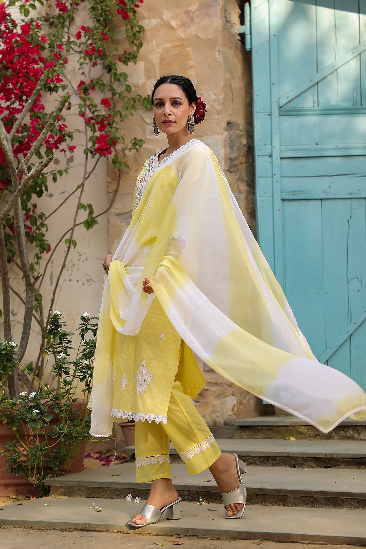 Yellow Cotton Handwork Straight Suit