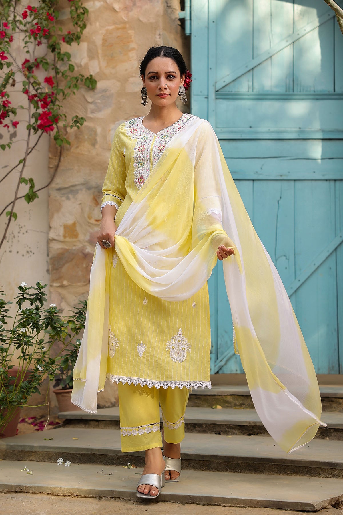 Yellow Cotton Handwork Straight Suit