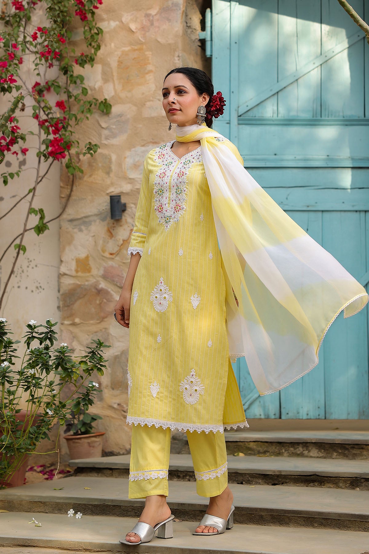 Yellow Cotton Handwork Straight Suit