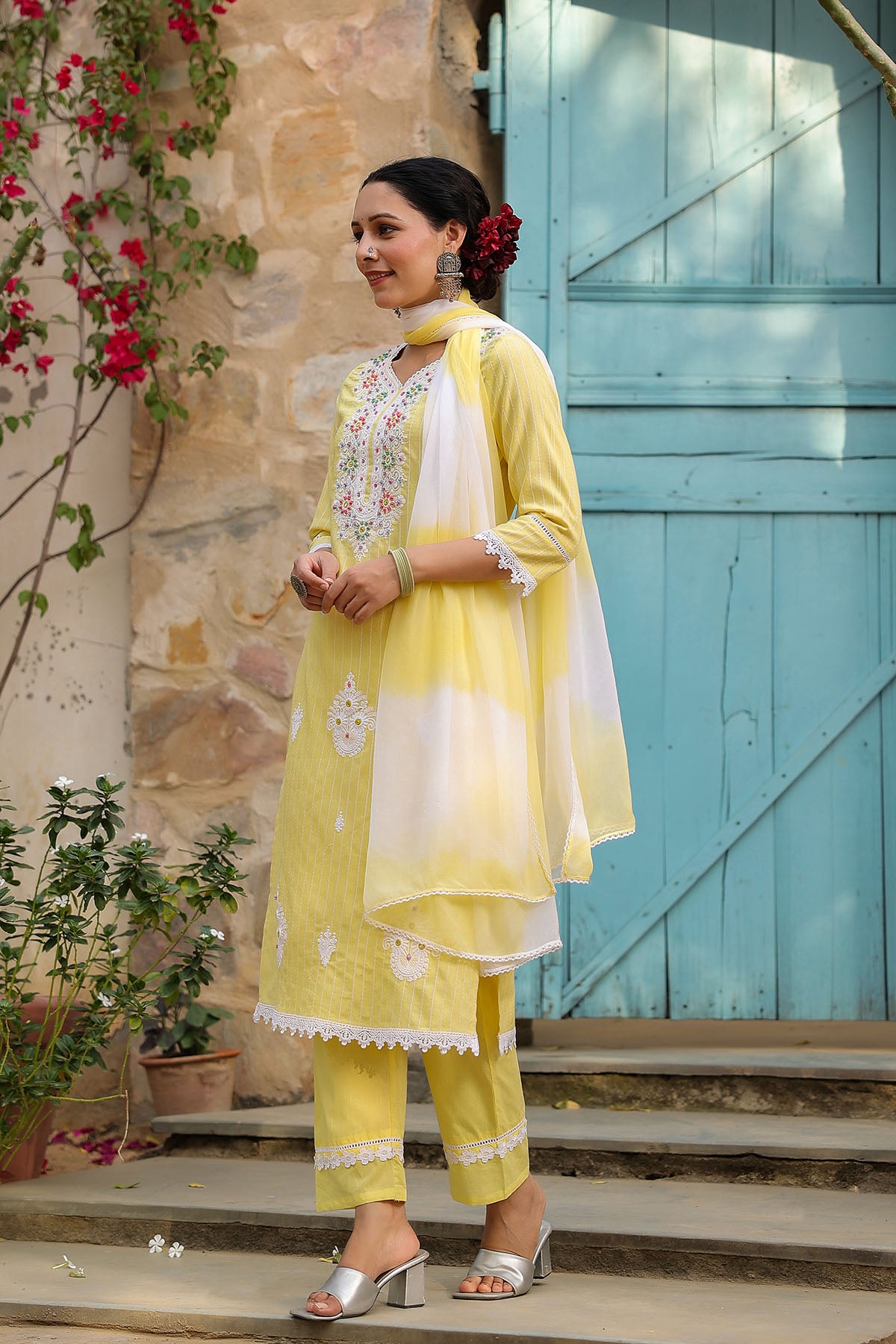 Yellow Cotton Handwork Straight Suit