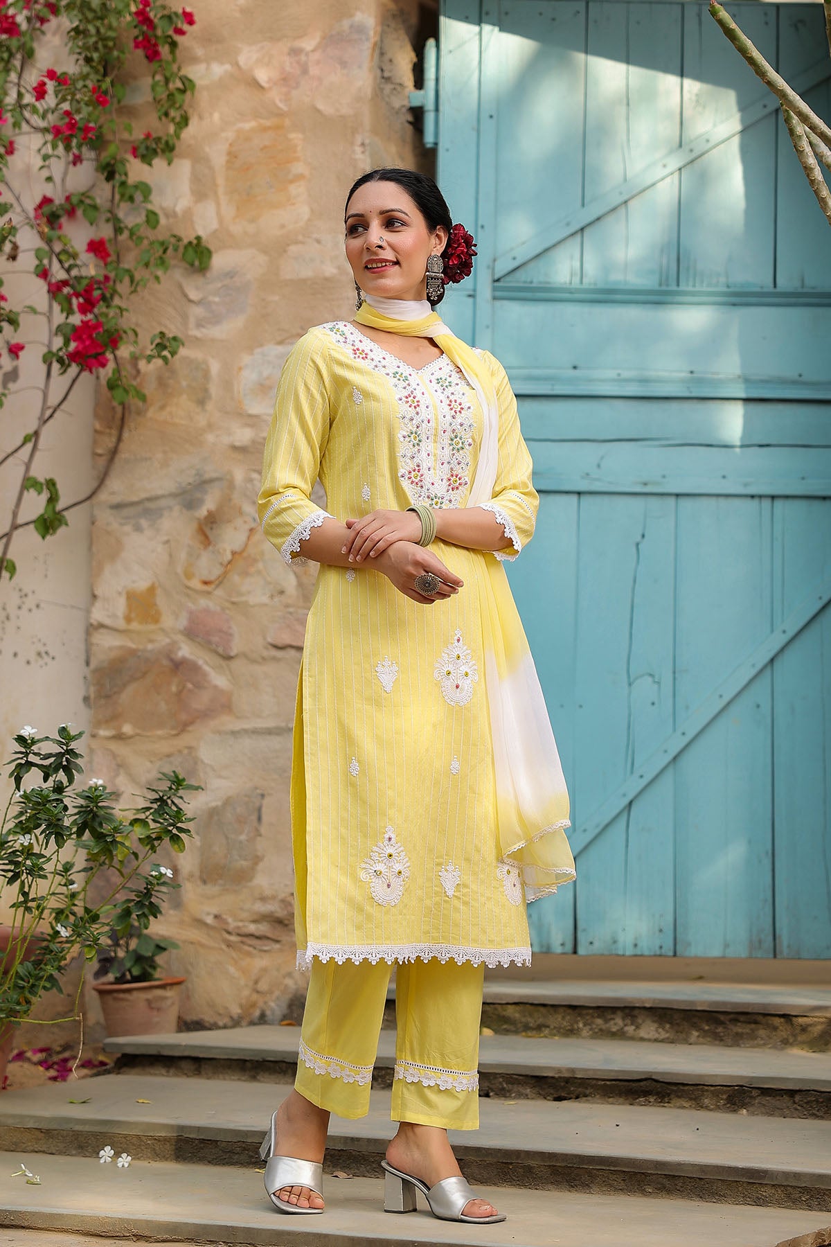 Yellow Cotton Handwork Straight Suit