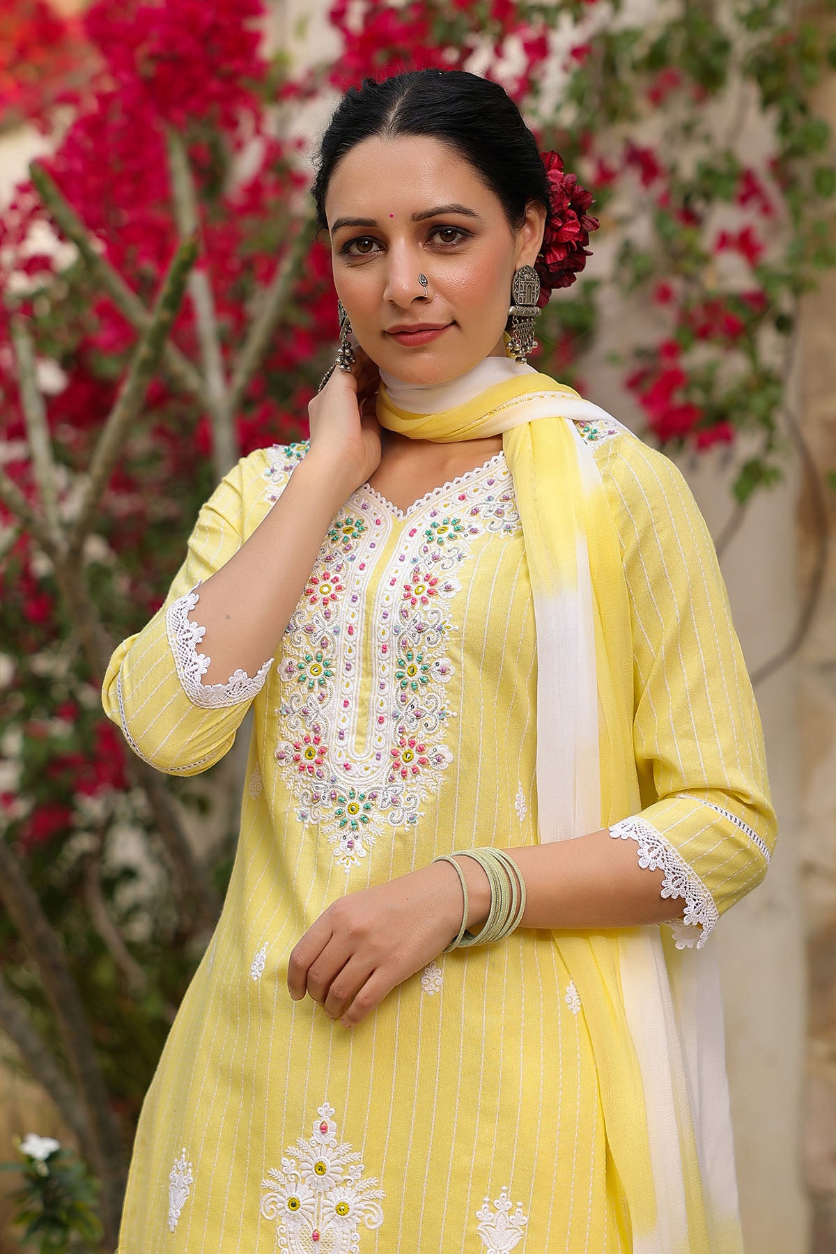 Yellow Cotton Handwork Straight Suit