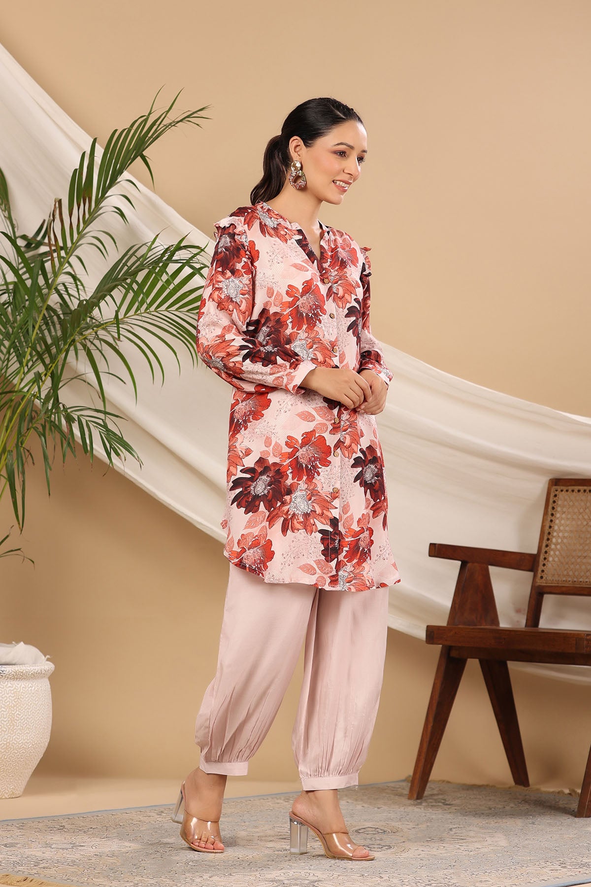 Brown Multicolor Muslin Printed Co-ord Set