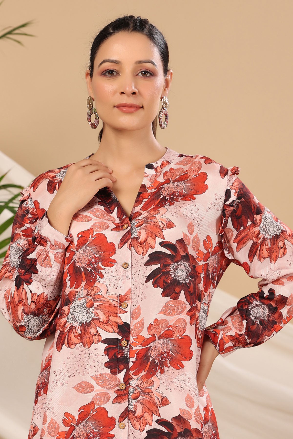Brown Multicolor Muslin Printed Co-ord Set