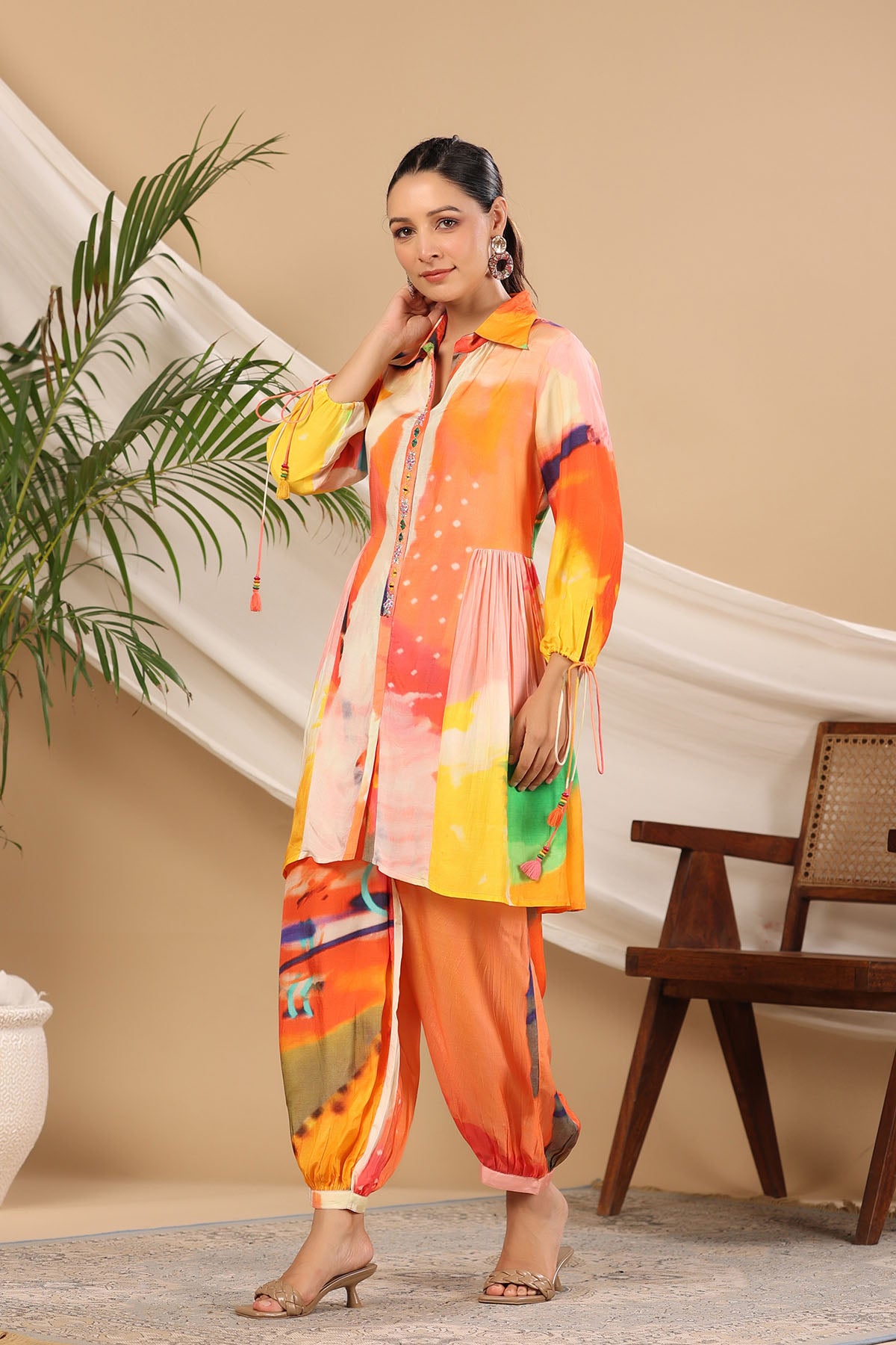 Orange Mutlicolor Muslin Handwork Co-ord Set