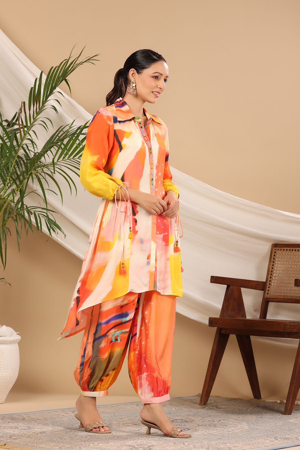 Orange Mutlicolor Muslin Handwork Co-ord Set