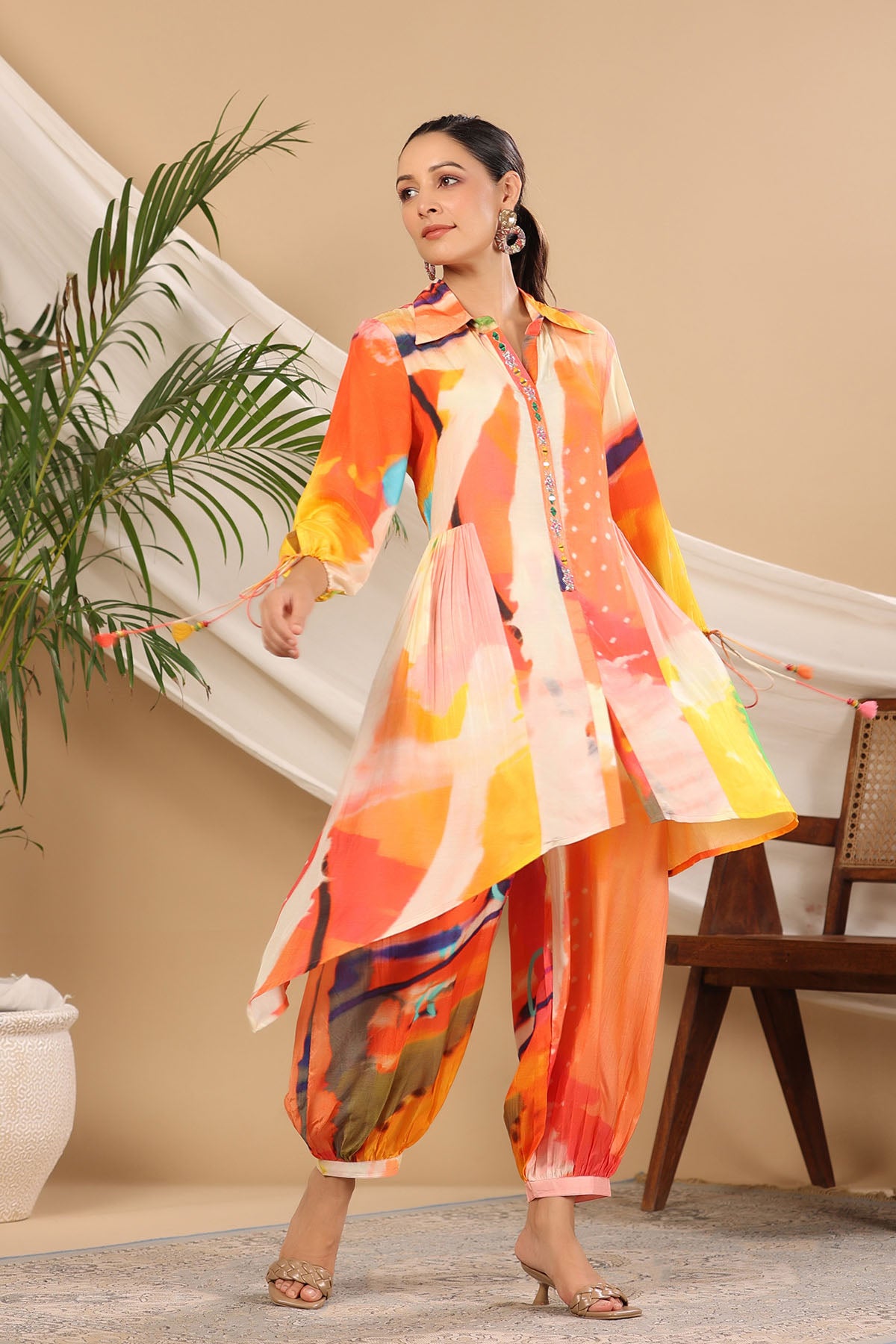 Orange Mutlicolor Muslin Handwork Co-ord Set