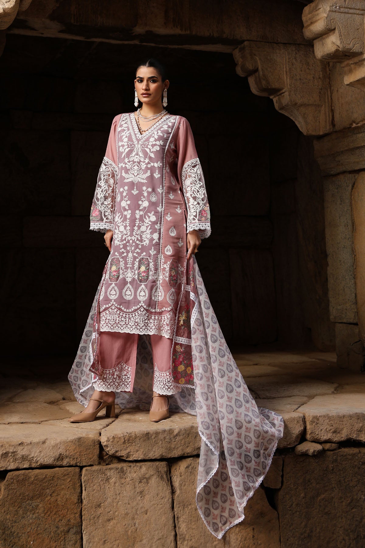 PINK MUL CHANDERI STRAIGHT KURTA WITH PANT AND DUPATTA