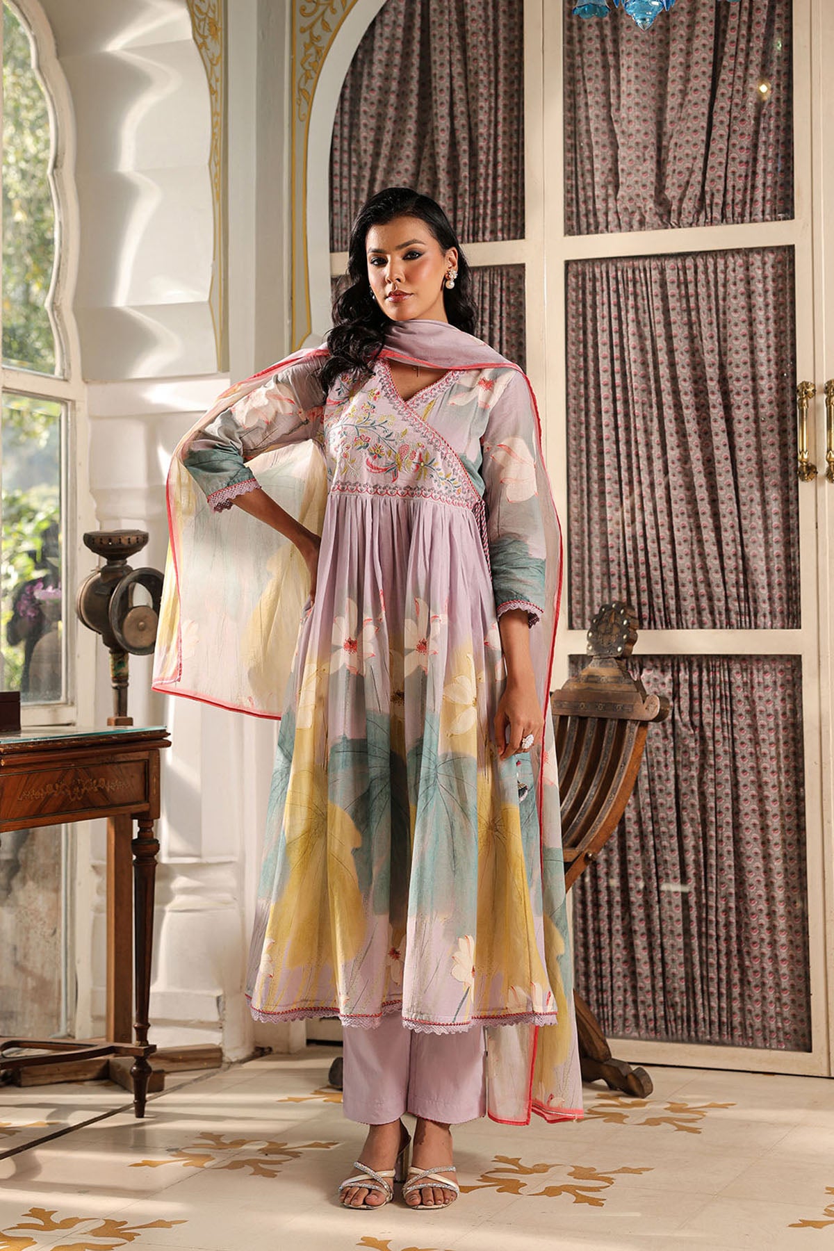 Lavender Floral Cotton Embroidered Anarkali Suit