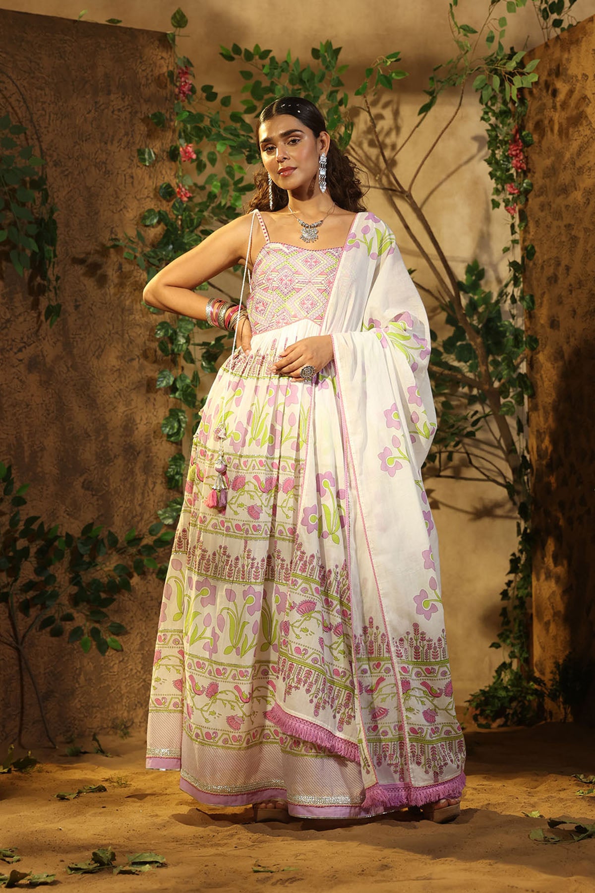 White & Purple Cotton Gown Set