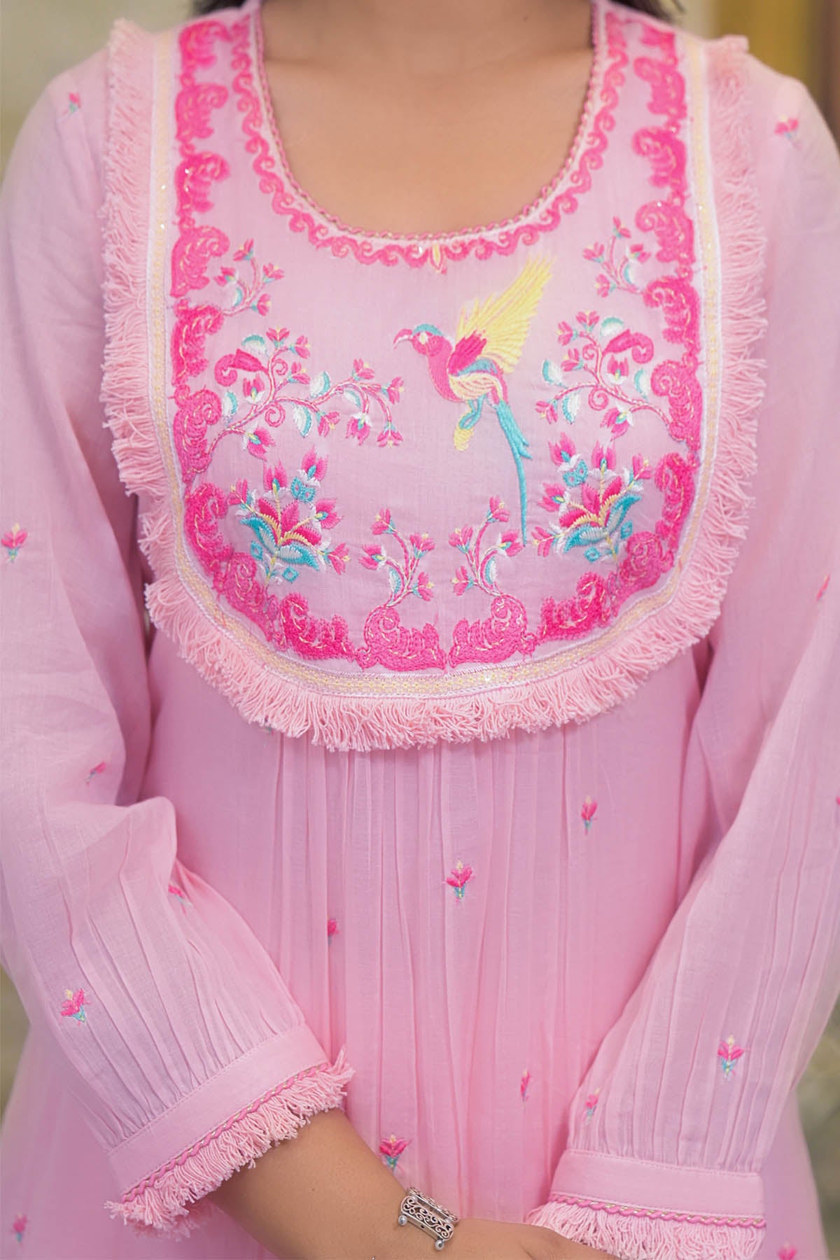 Pink Cotton Embroidered Anarkali Suit Set