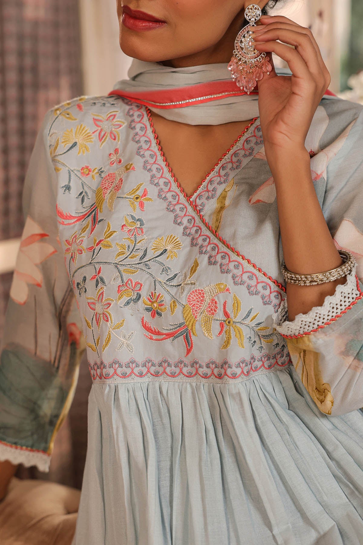 Blue Floral Cotton Embroidered Anarkali Suit