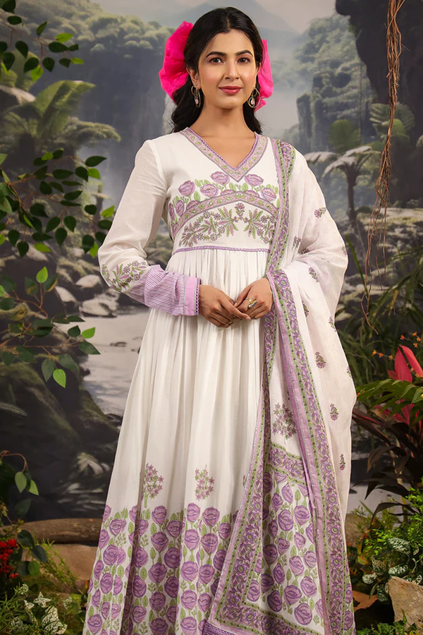 Gul Purple Floral Mulmul Handwork Anarkali Gown