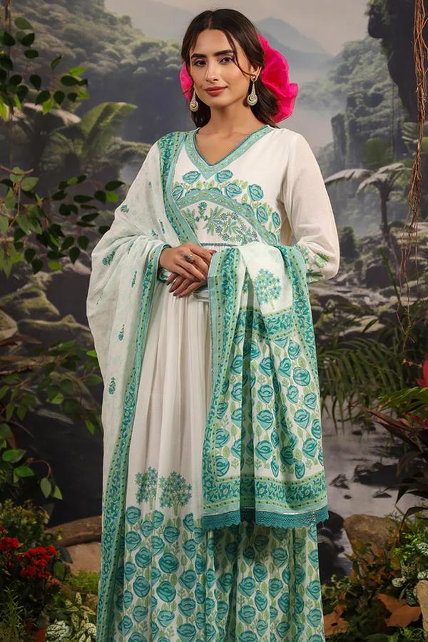 Gul Turquoise Floral Mulmul Handwork Anarkali Gown
