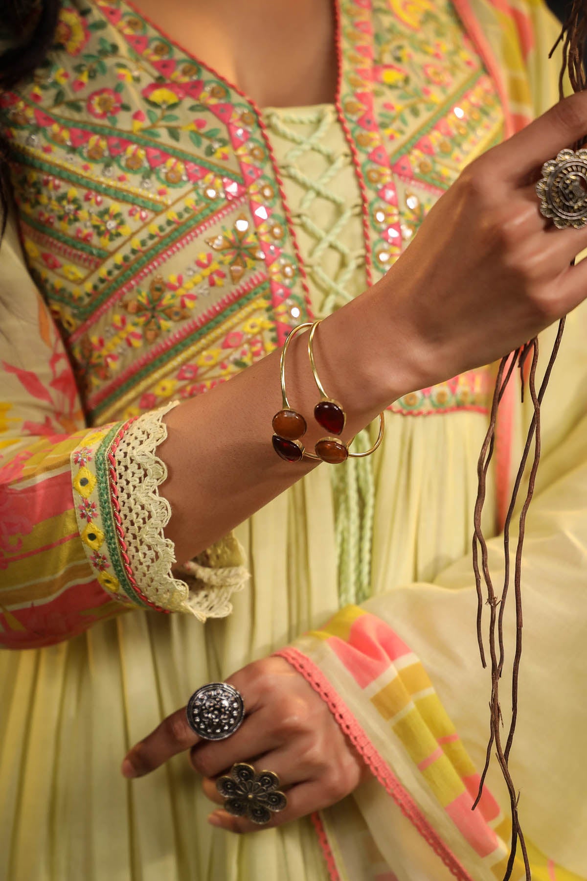 Yellow Floral Cotton Embroidered Anarkali Suit