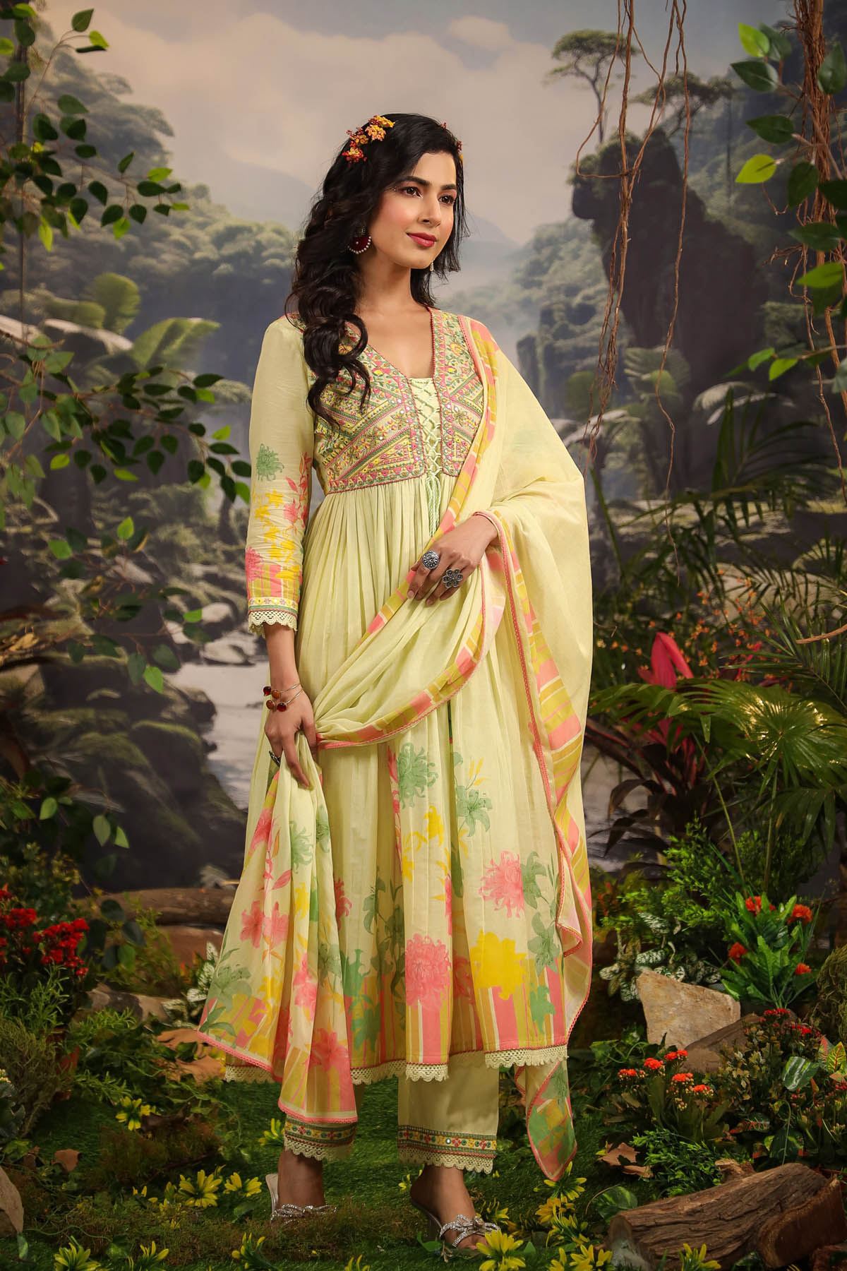 Yellow Floral Cotton Embroidered Anarkali Suit