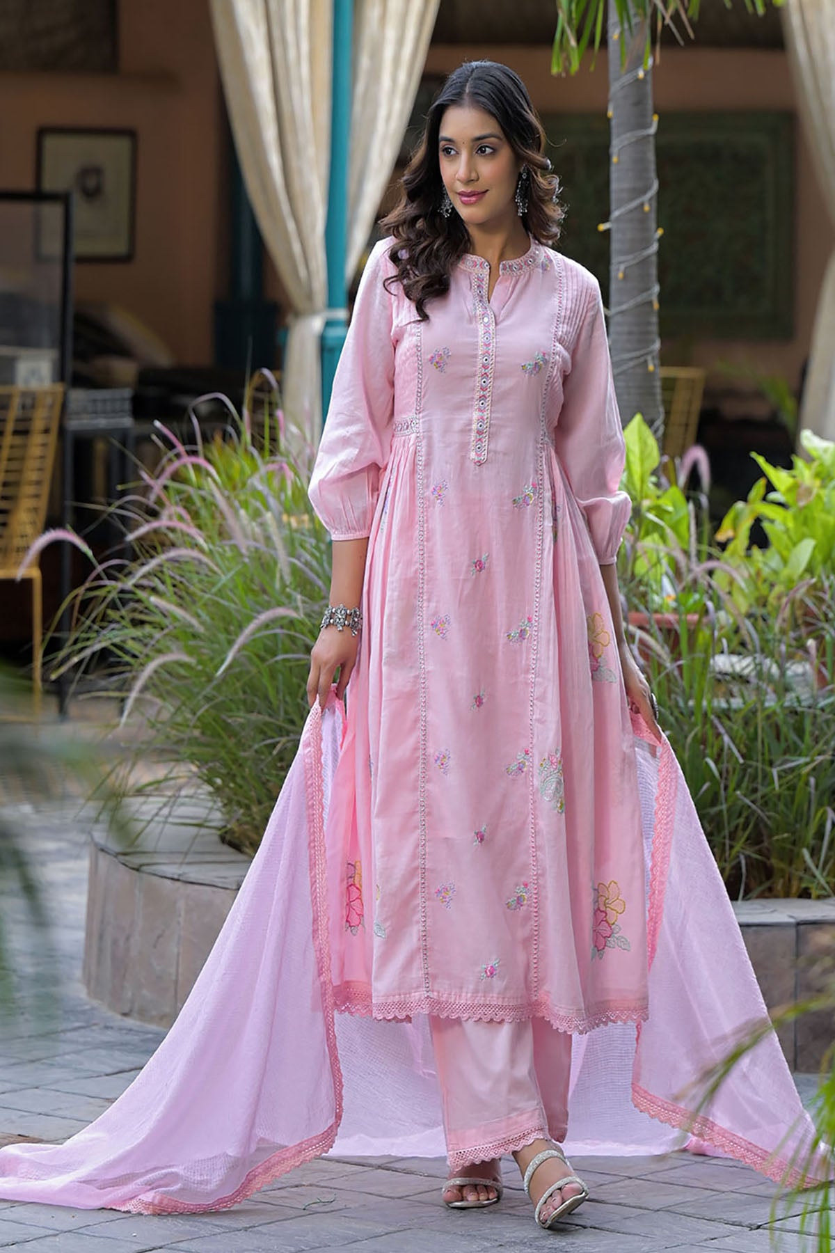 Pink Cotton Embroidered Anarkali Suit