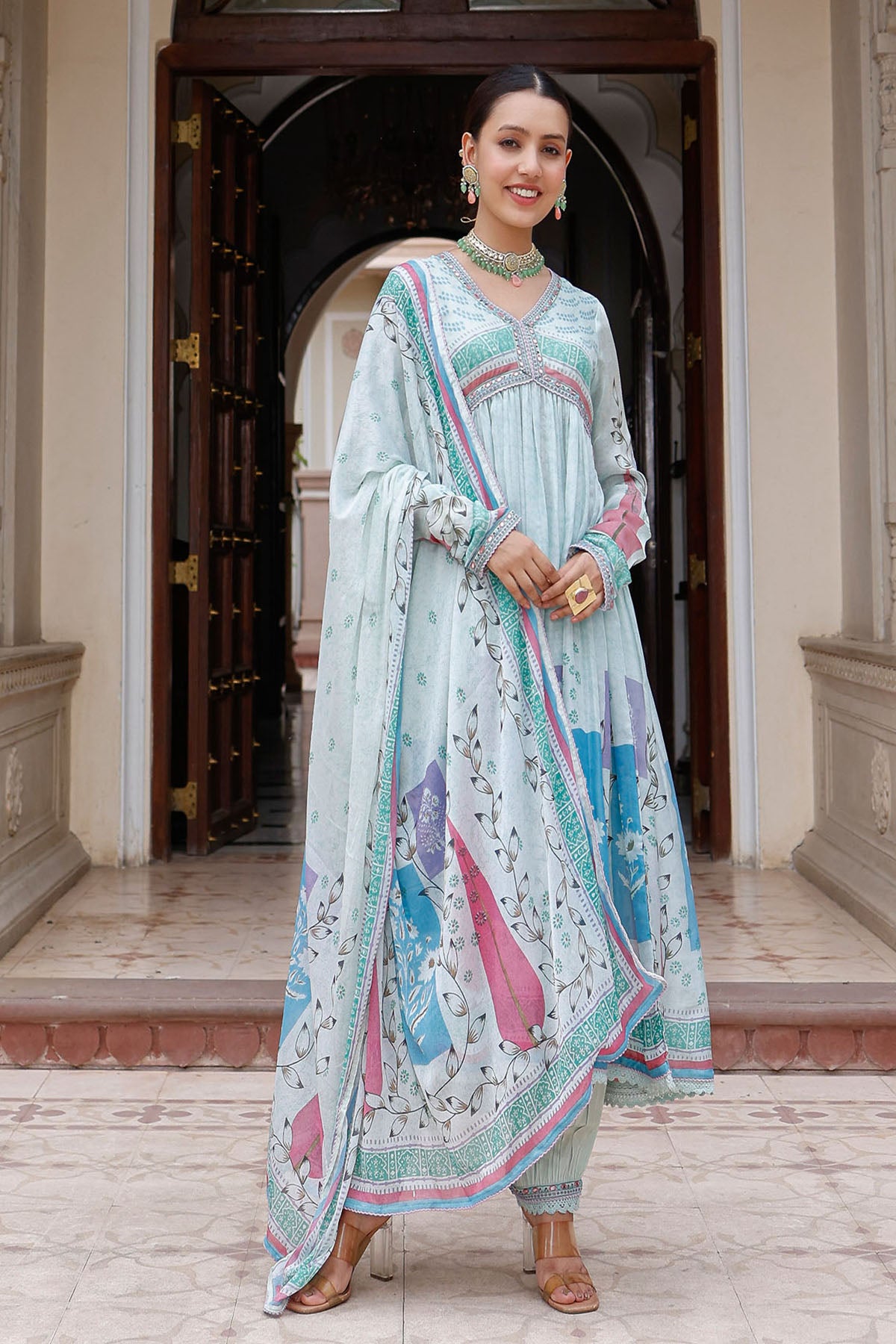 Blue Rayon Printed Anarkali Suit