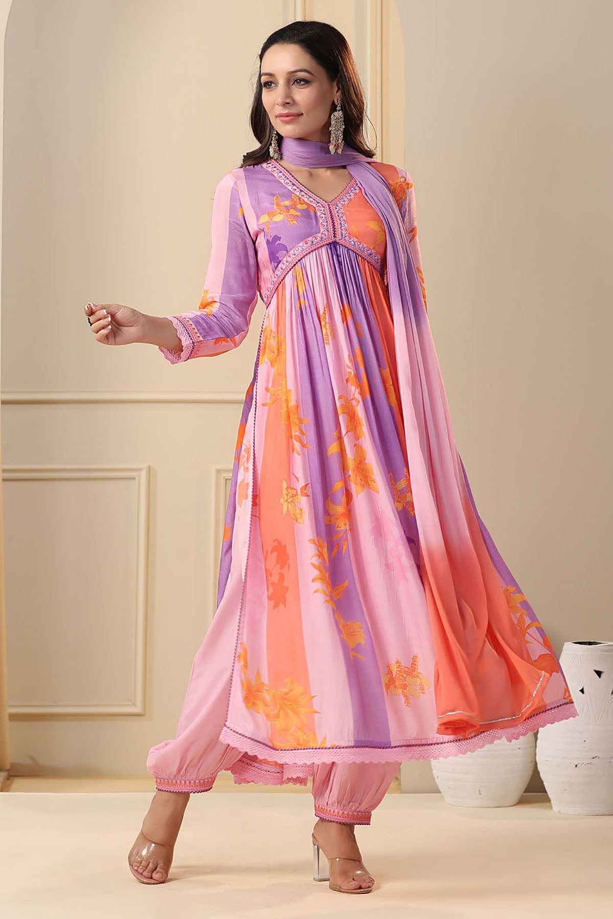 Purple Multicolor Muslin Printed Anarkali Suit