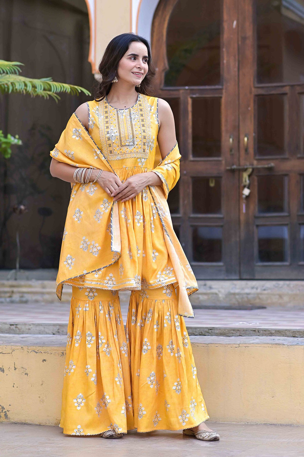 Yellow Rayon Embroidered Sharara Set