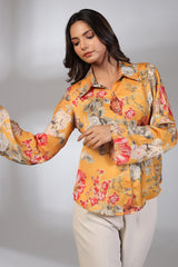 Mustard Spring Blossom Silk Floral Print Shirt