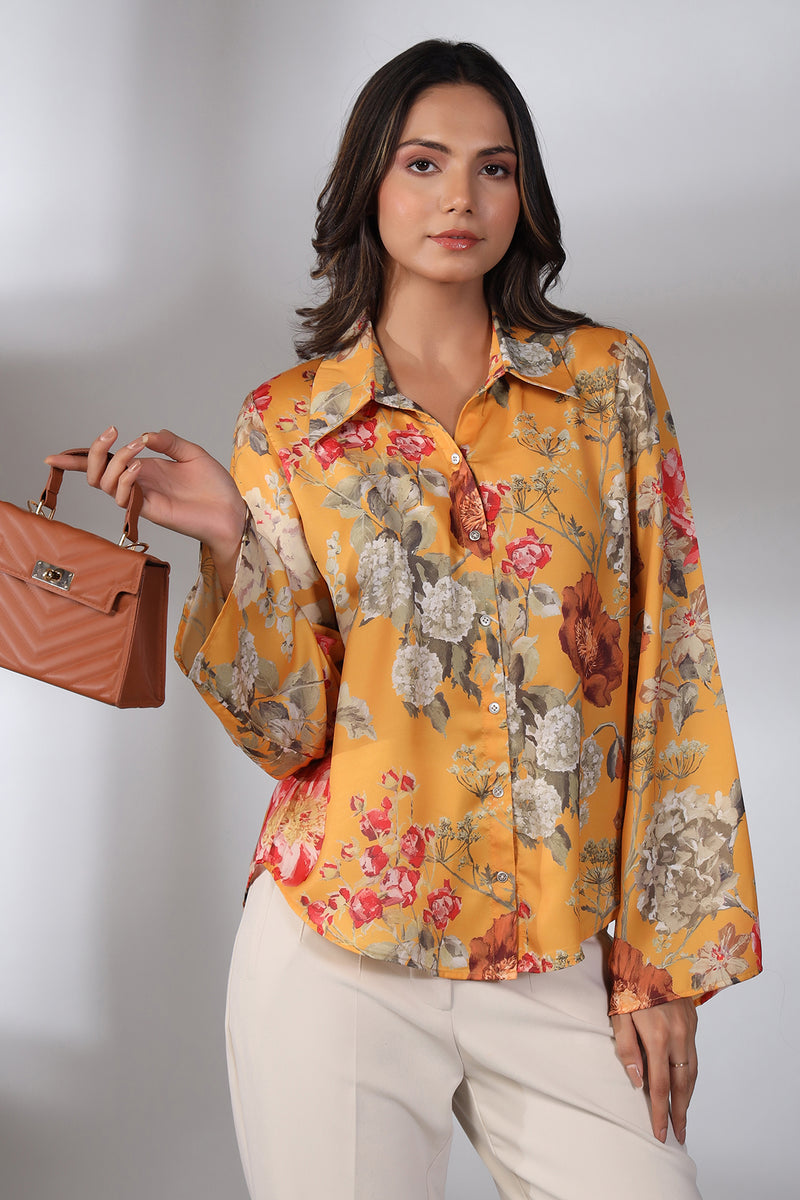 Mustard Spring Blossom Silk Floral Print Shirt