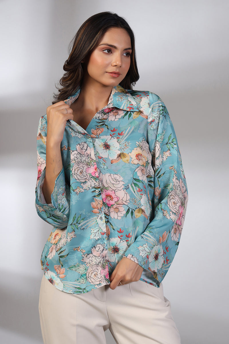 Cool Sky Beach Silk Floral Print Shirt