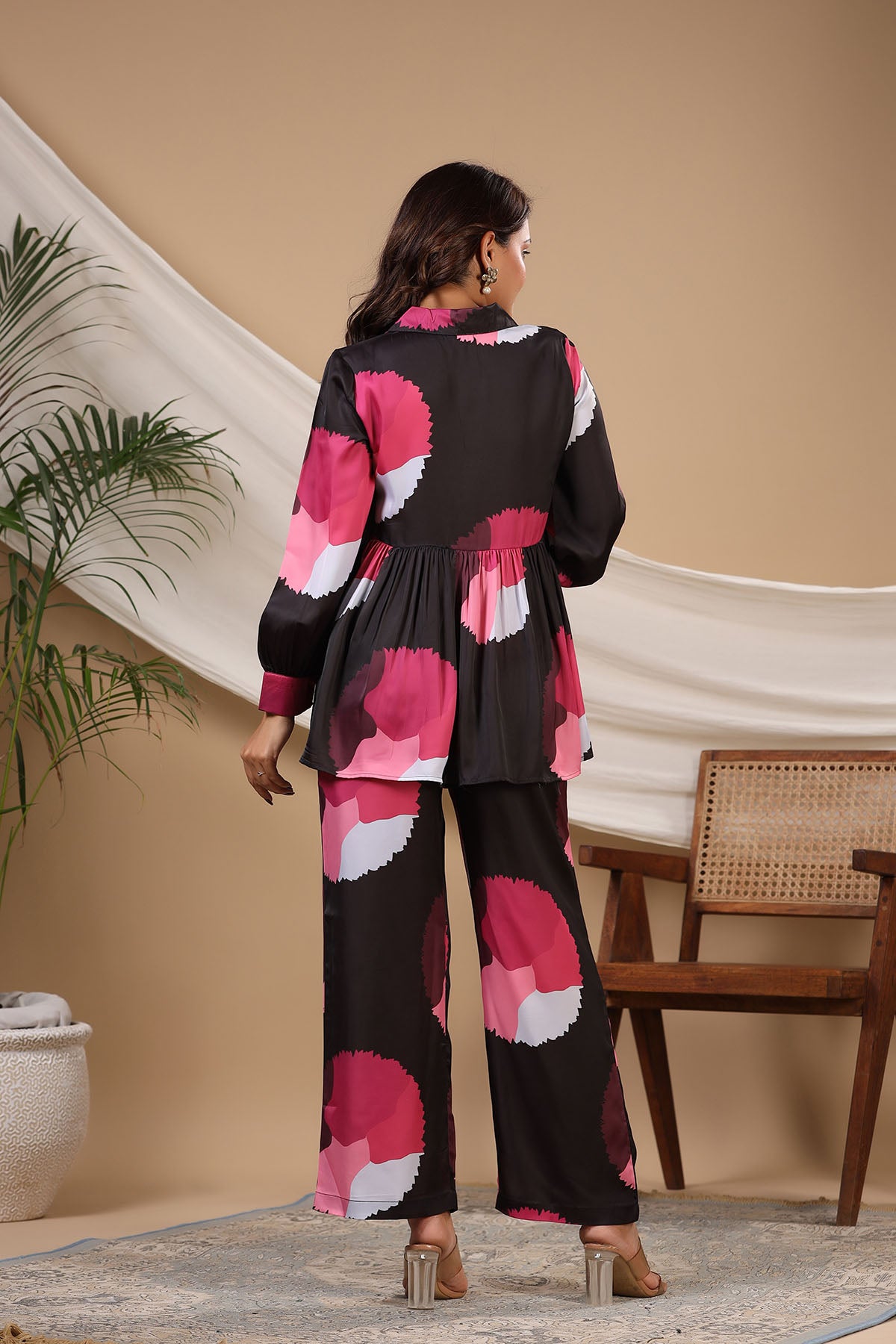 Black Multicolor Floral Satin Printed Co-ord Set