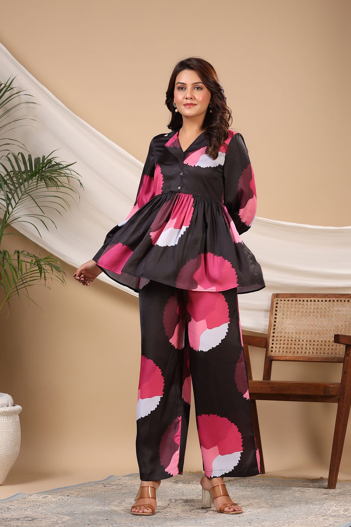 Black Multicolor Floral Satin Printed Co-ord Set