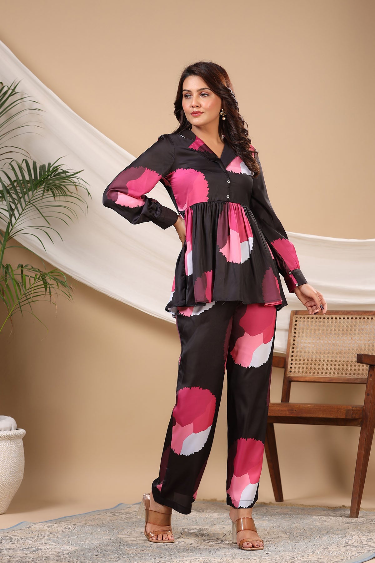 Black Multicolor Floral Satin Printed Co-ord Set