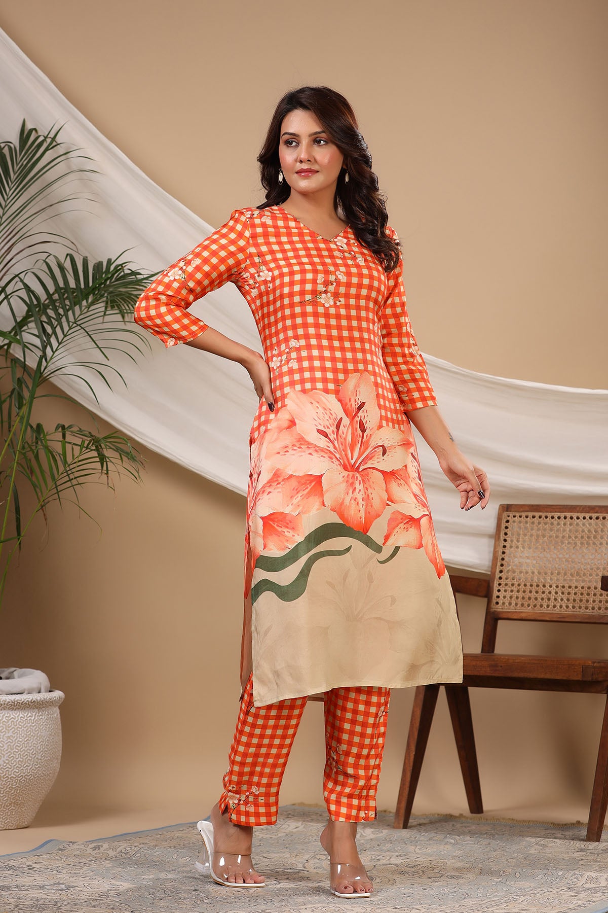 Orange Floral Muslin Printed Co-ord Set