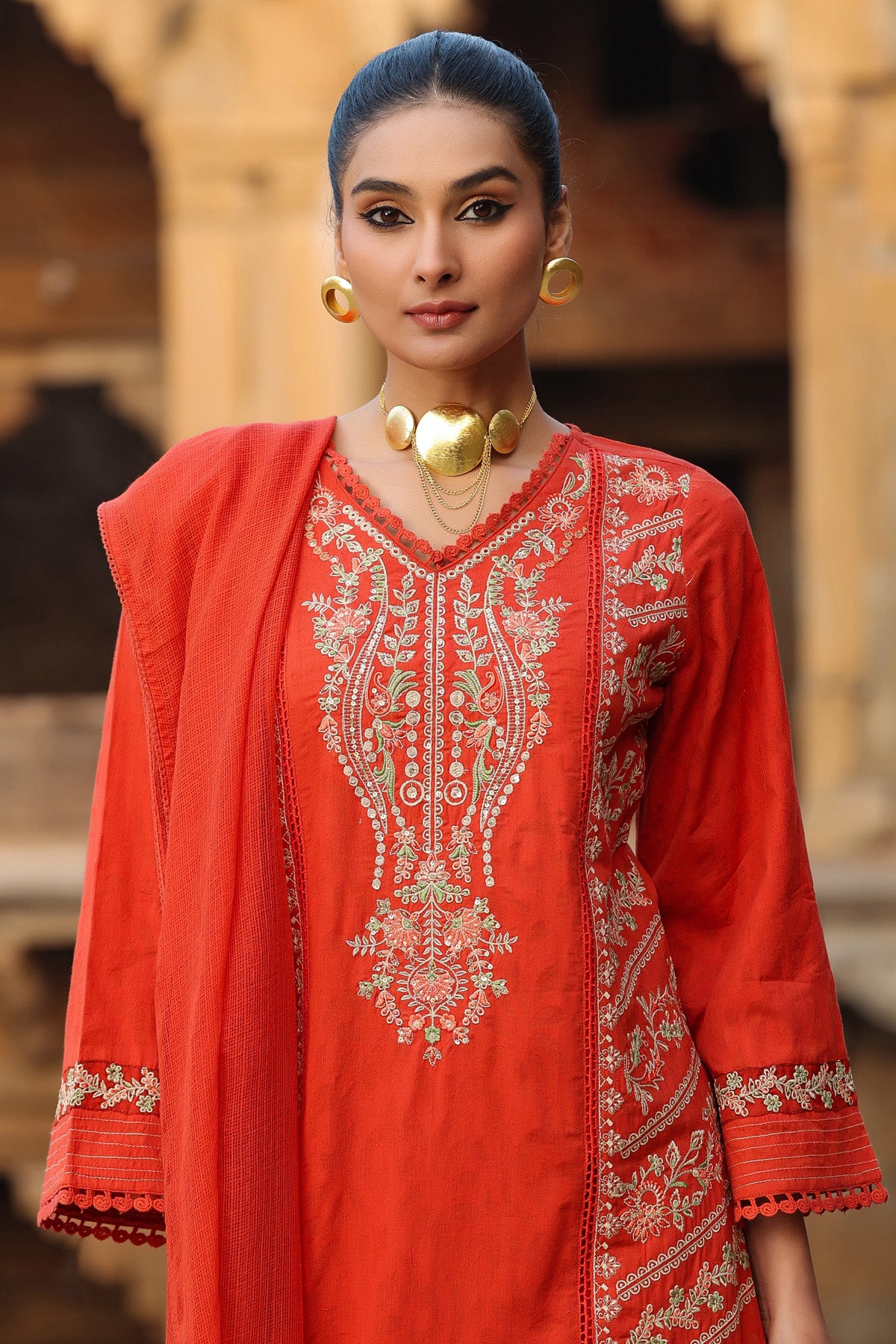RED COTTON STRAIGHT KURTA WITH PANT AND DUPATTA