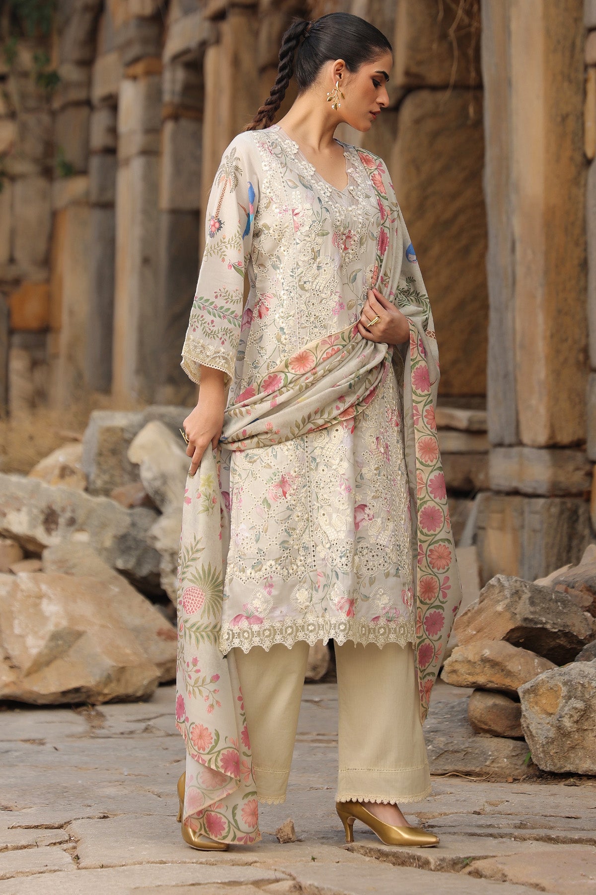 BEIGE COTTON STRAIGHT KURTA WITH PANT AND DUPATTA