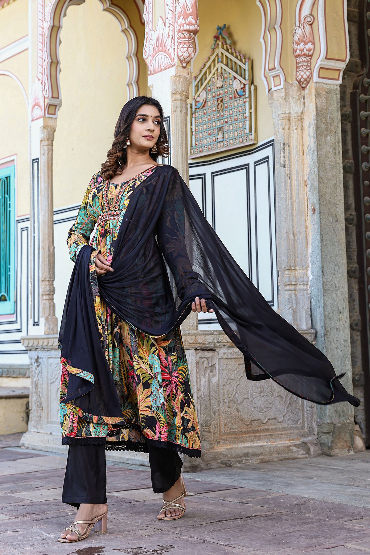 Black Floral Viscose Crepe Anarkali Suit