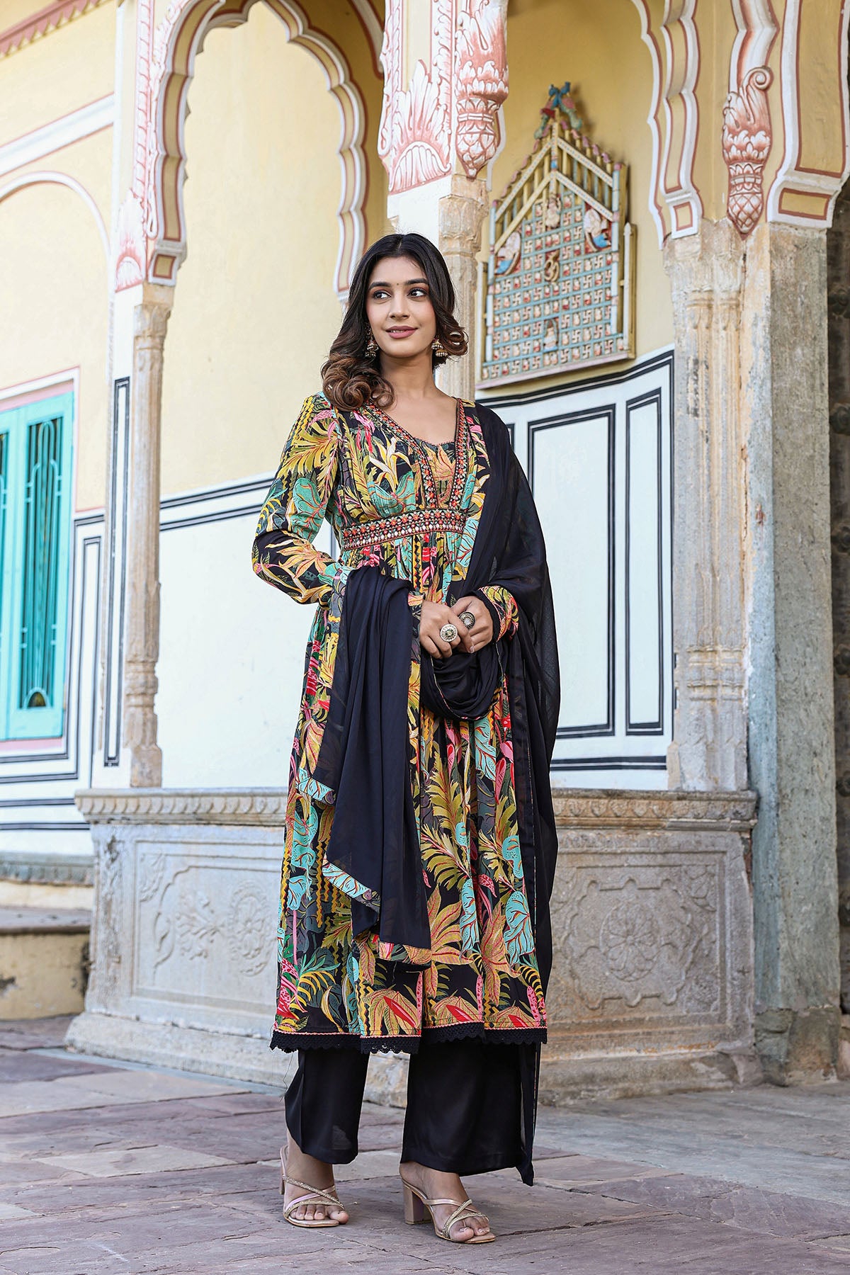 Black Floral Viscose Crepe Anarkali Suit