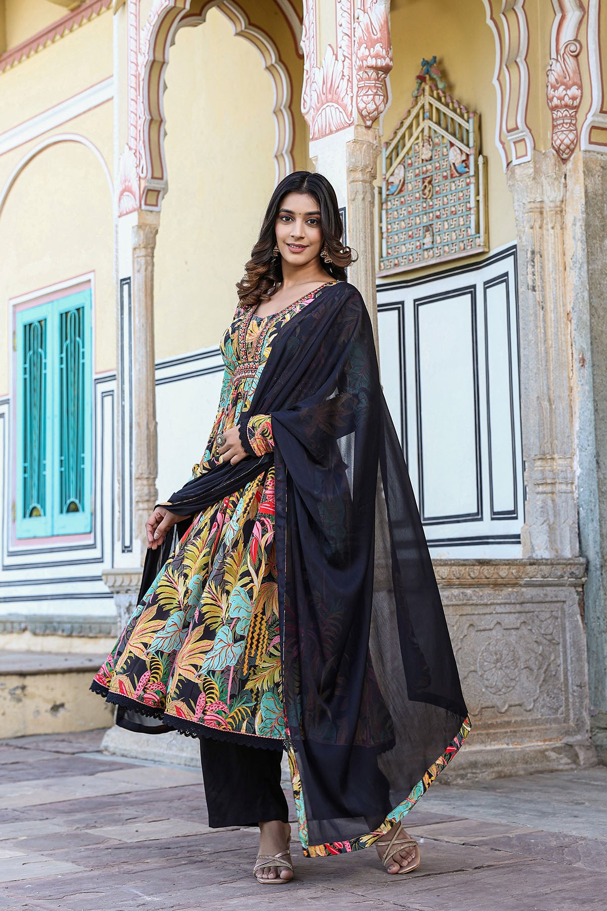Black Floral Viscose Crepe Anarkali Suit